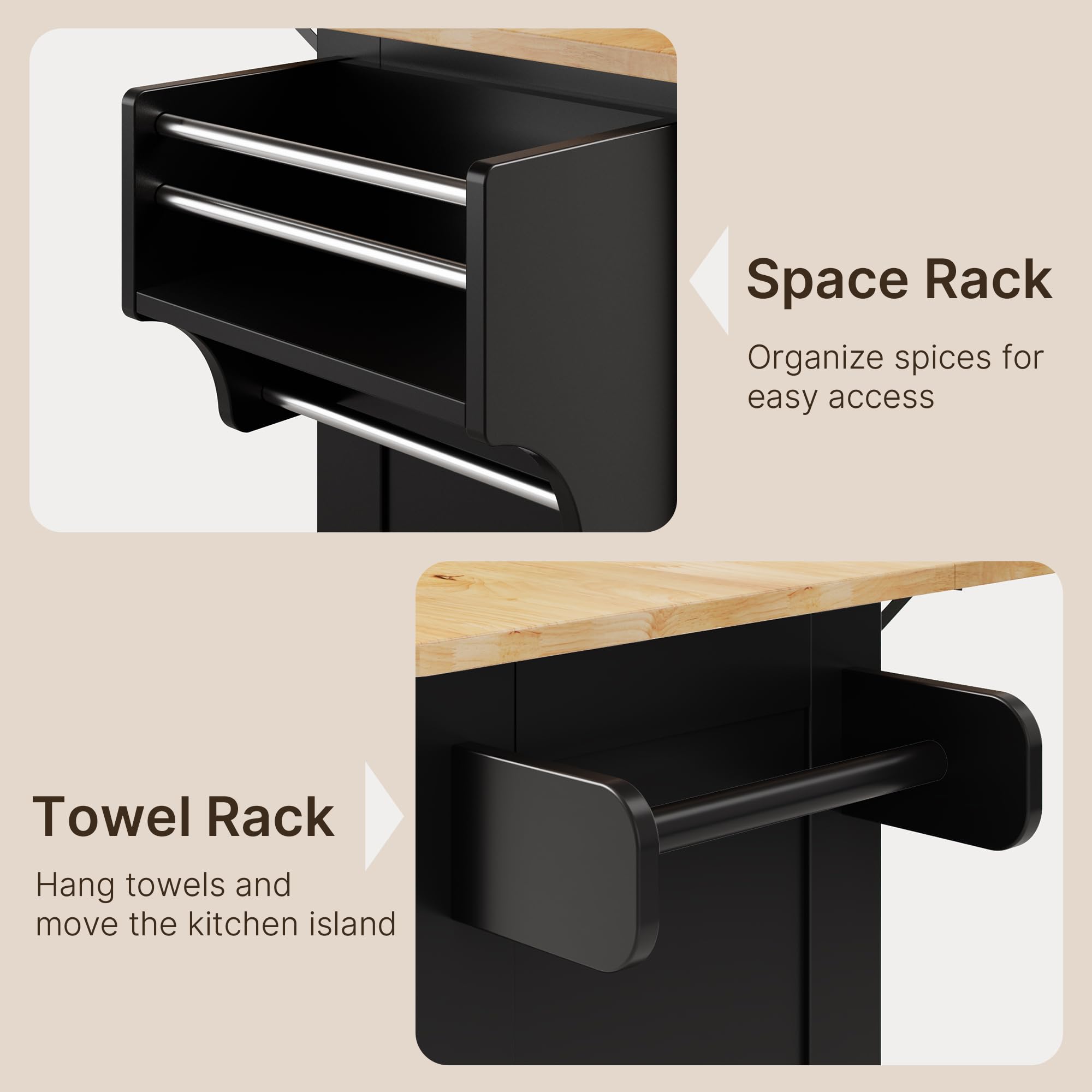 Xbro Carrello da Cucina Mobile con Ruote, Piano Pieghevole, Credenza 2 Cassetti 4 Ante, Salvaspazio con Portaspezie Portaasciugamani, 145x75x90 cm