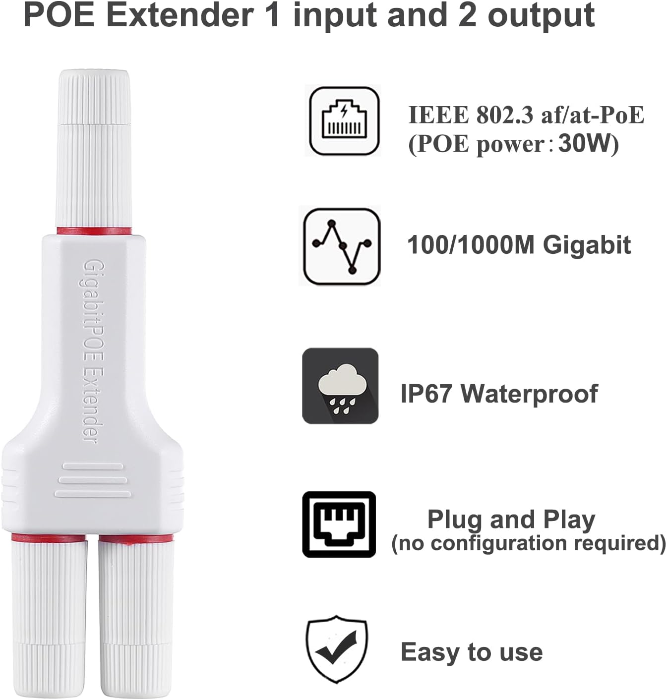 Gigabit POE Extender 1 to 2 Waterproof IP67 Output Poe Repeater Extender 10/100/1000Mbps Gigabit, Comply with IEEE802.3af/at, Plug and Play for POE Switch Camera (WPOE1003-G)