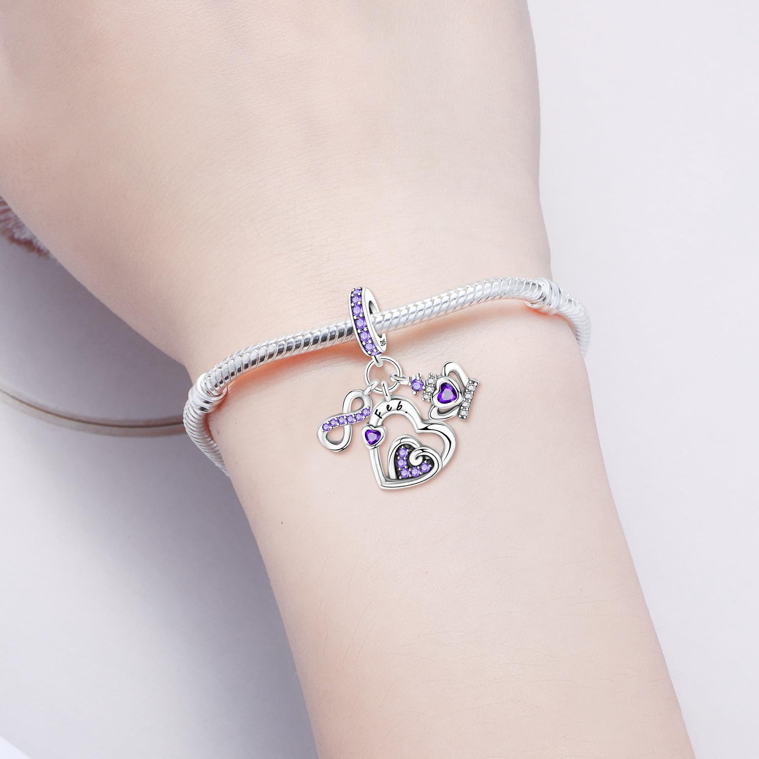 CYCUFF 2 Pack Birthstone Charms 925 Silver Charms for Bracelets Necklace Heart Charm Jewellery Birthday Gift for Women Family Friends - Image 4