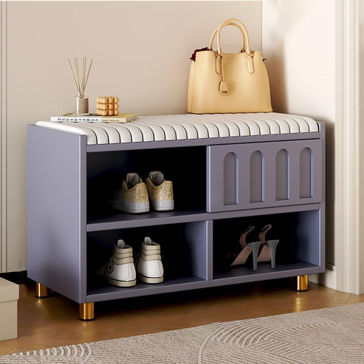 Banc de rangement pour chaussures avec porte coulissante et siège rembourré confortable