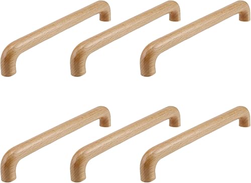 Miniatura 1 de MY MIRONEY Paquete de 6 tiradores de madera con arco, tiradores de madera acabada, tiradores de madera de haya, con tornillos, centros de agujeros