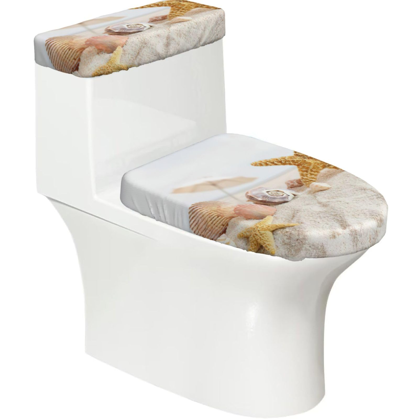 Seashells Starfish On Beach Print Bathroom Decor Toilet Lid Cover And Tank Covers, Restroom Accessories Fits Most Round