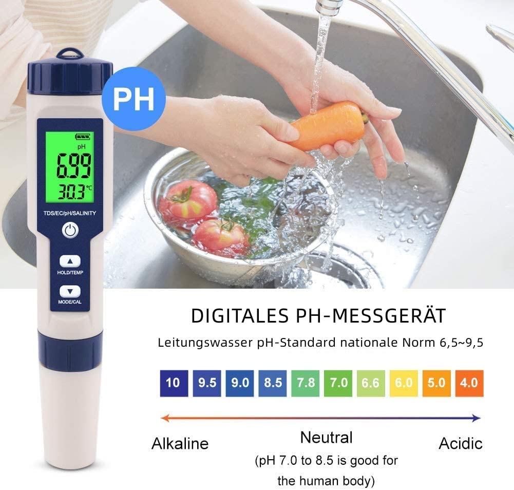 Medidor de PH electrónico 5 en 1, Medidor de pH y TDS y EC Probador de calidad del agua de salinidad y temperatura, pantalla LCD y precisión de lectura, para agua potable, acuarios, piscinas, etc.