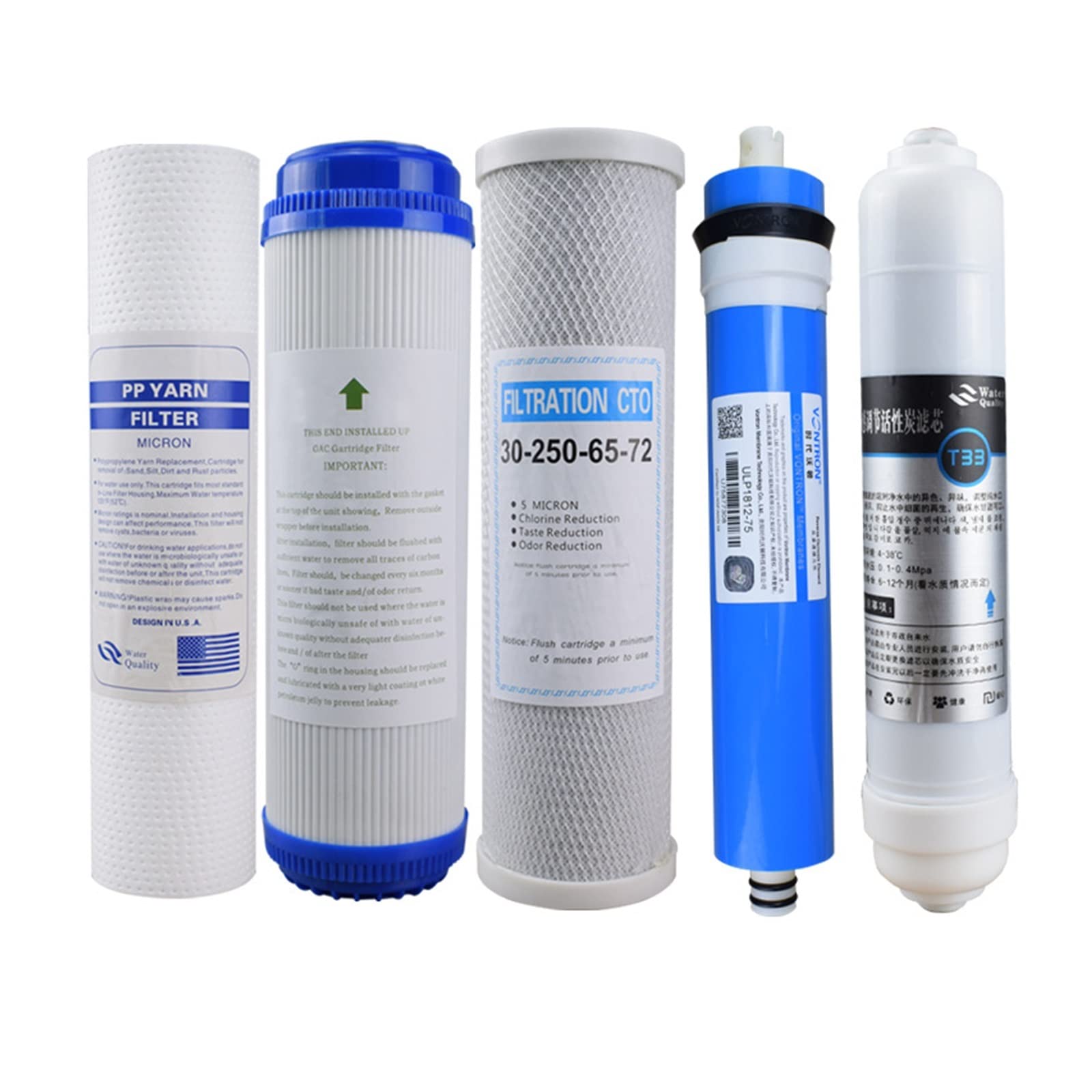 Water Filter Cartridge, 1 Set CTO,PP,UDF,T33,Water Filter Cartridge,10Inch Reverse Osmosis Filter System Replacement Water Filter(E)