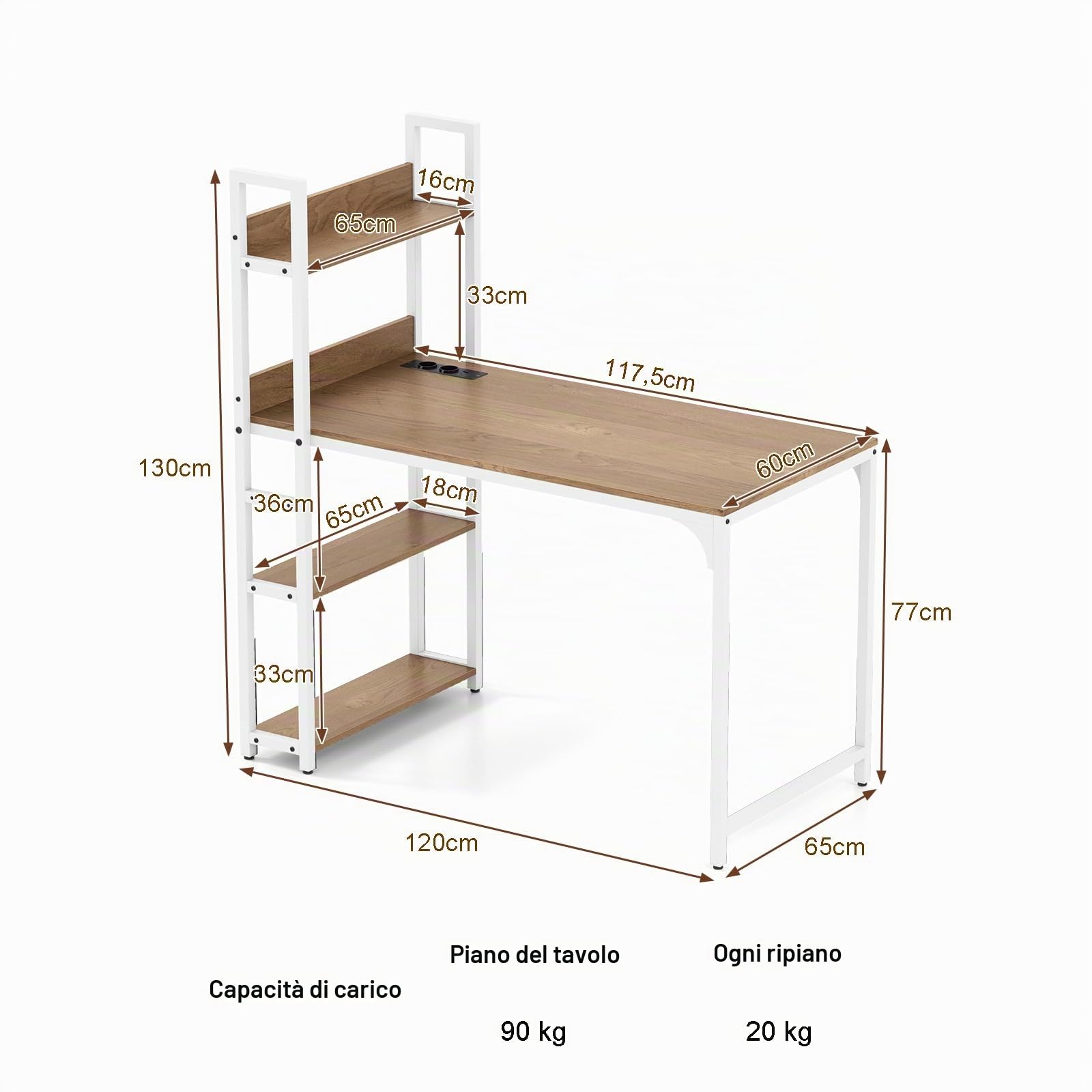 LIFEZEAL Scrivania con deposito e stazione di ricarica, 2 prese, porte USB A&C, tavolo computer in legno con 3 ripiani, telaio in metallo, postazione di lavoro 120 x 65 x 130 cm, per studio, giochi