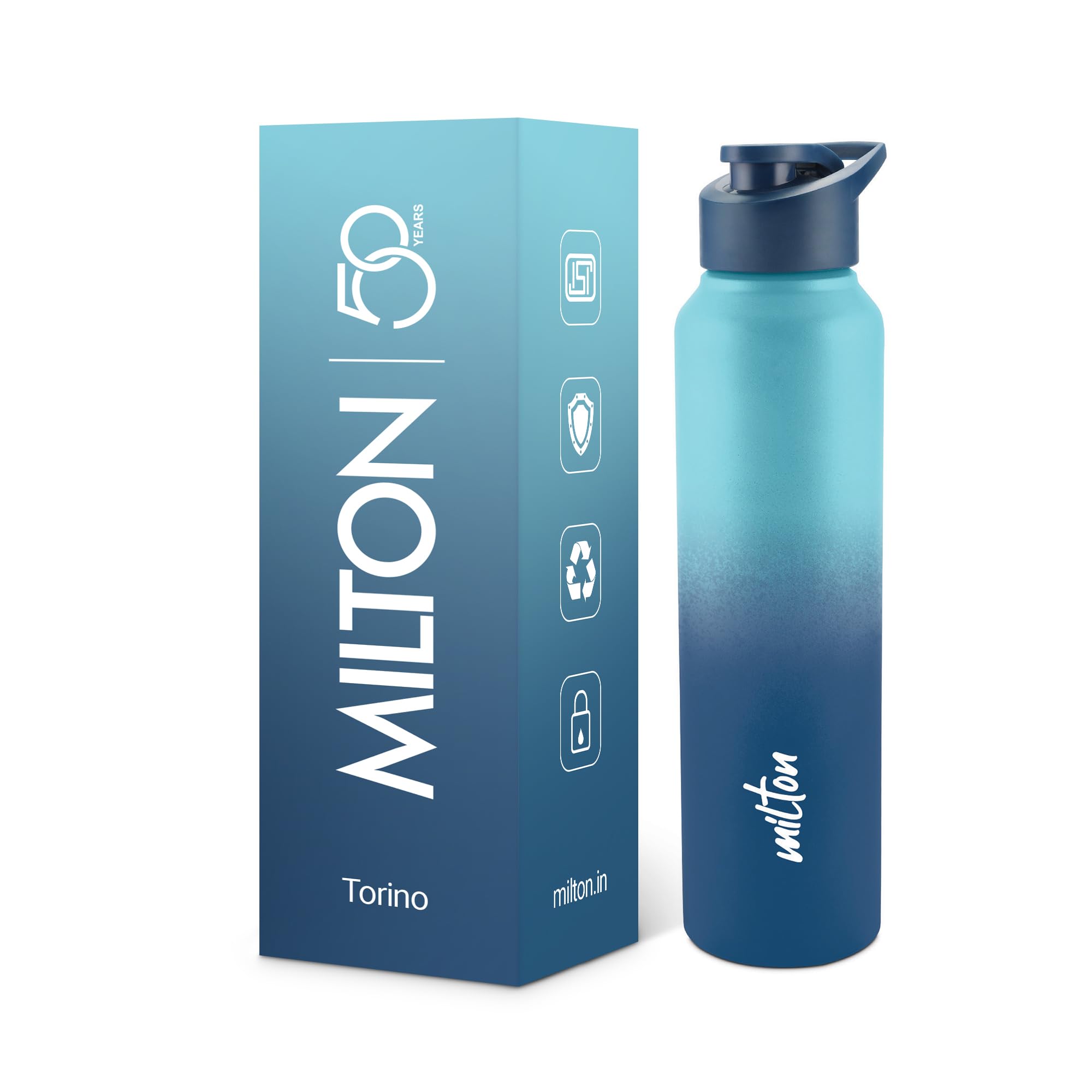 MILTON Torino 1000 Stainless Steel Water Bottle, Leakproof Lid, Single Walled, ISI Certified I For School, Office, Gym I 980 ml, Light Blue & Dark Blue