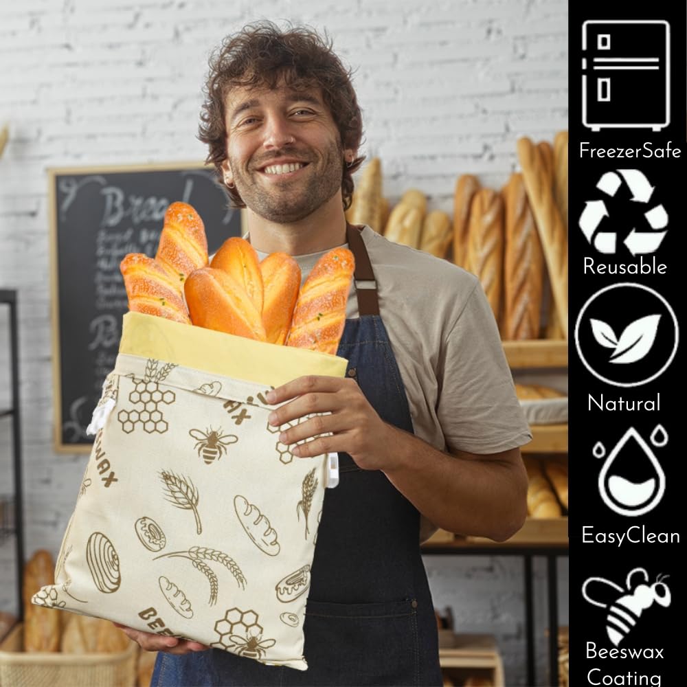 IcosaMro Sacchetti per pane in cera d'api per la conservazione del pane fatto in casa, confezione da 2, 43,2 x 30,5 cm