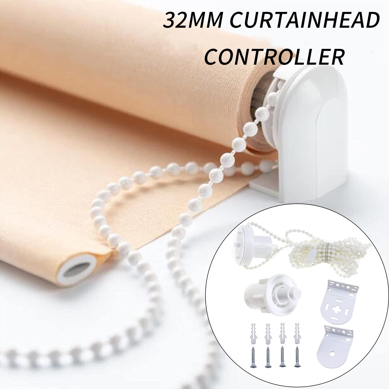 JZK Kit de réparation de rechange pour store enrouleur avec chaîne à perles, mécanisme de store enrouleur, fixation par le haut, fixations latérales Blanc 32 mm