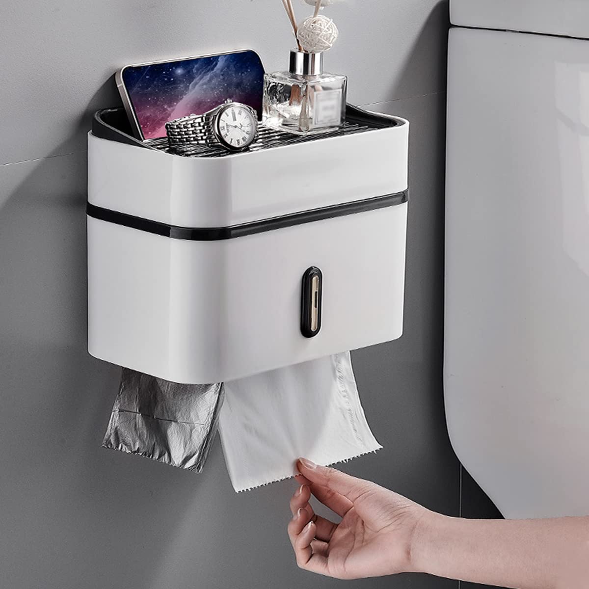 Portarrollos de Papel higiénico Adhesivo con cajón de Almacenamiento Caja de pañuelos de baño Soporte de Papel higiénico para Ducha montado en la Pared Portarrollos de Papel higiénico