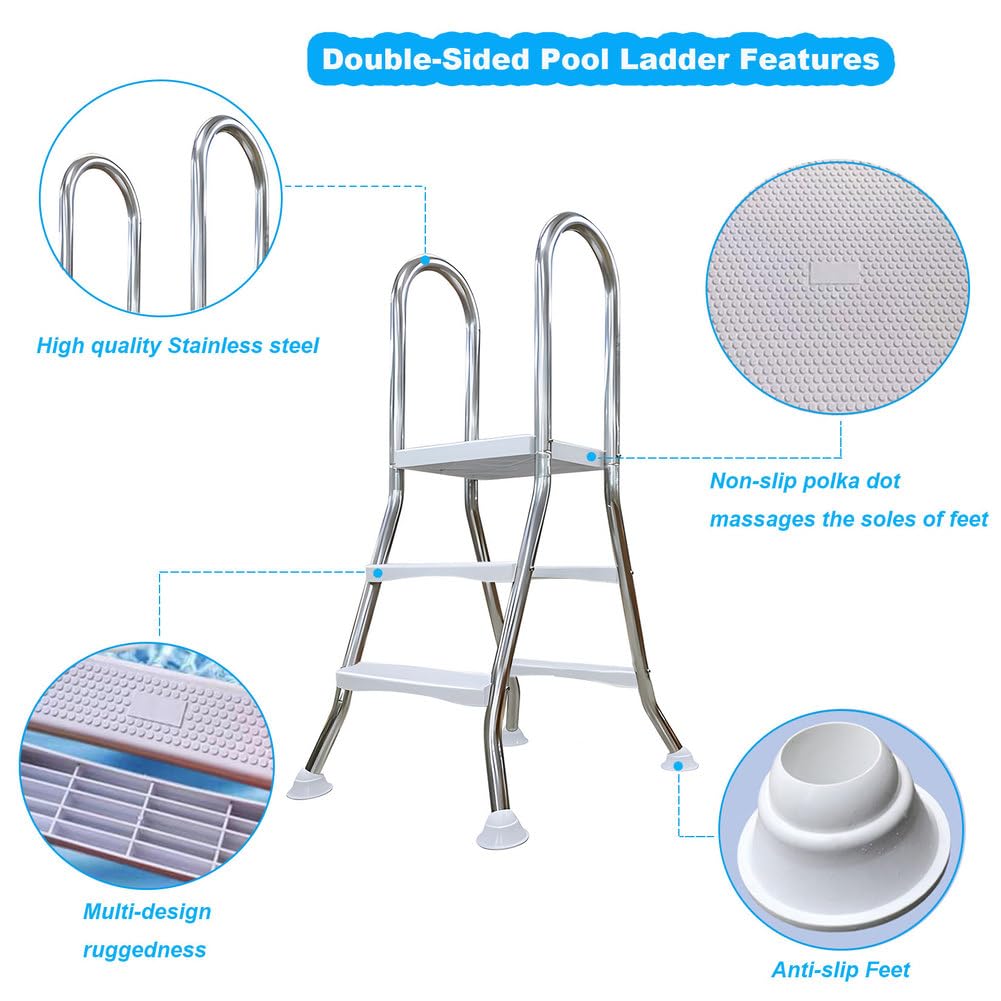 Scala per piscina fuori terra, telaio in acciaio inox resistente a 2 gradini per pareti da 83,8 cm, ingresso e uscita antiscivolo con piedini rotanti, 85 cm