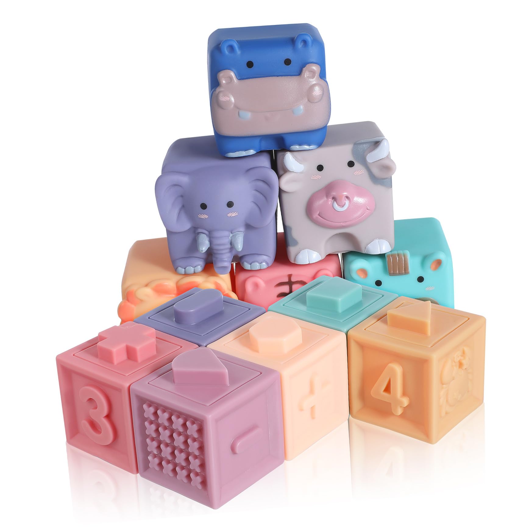 12 Piezas Bloques Blandos de Goma para Bebés Juguetes de Construcción Suaves con Formas de Animales y Números Educativo Seguro para Niñas Incluye Bolsa de Almacenamiento