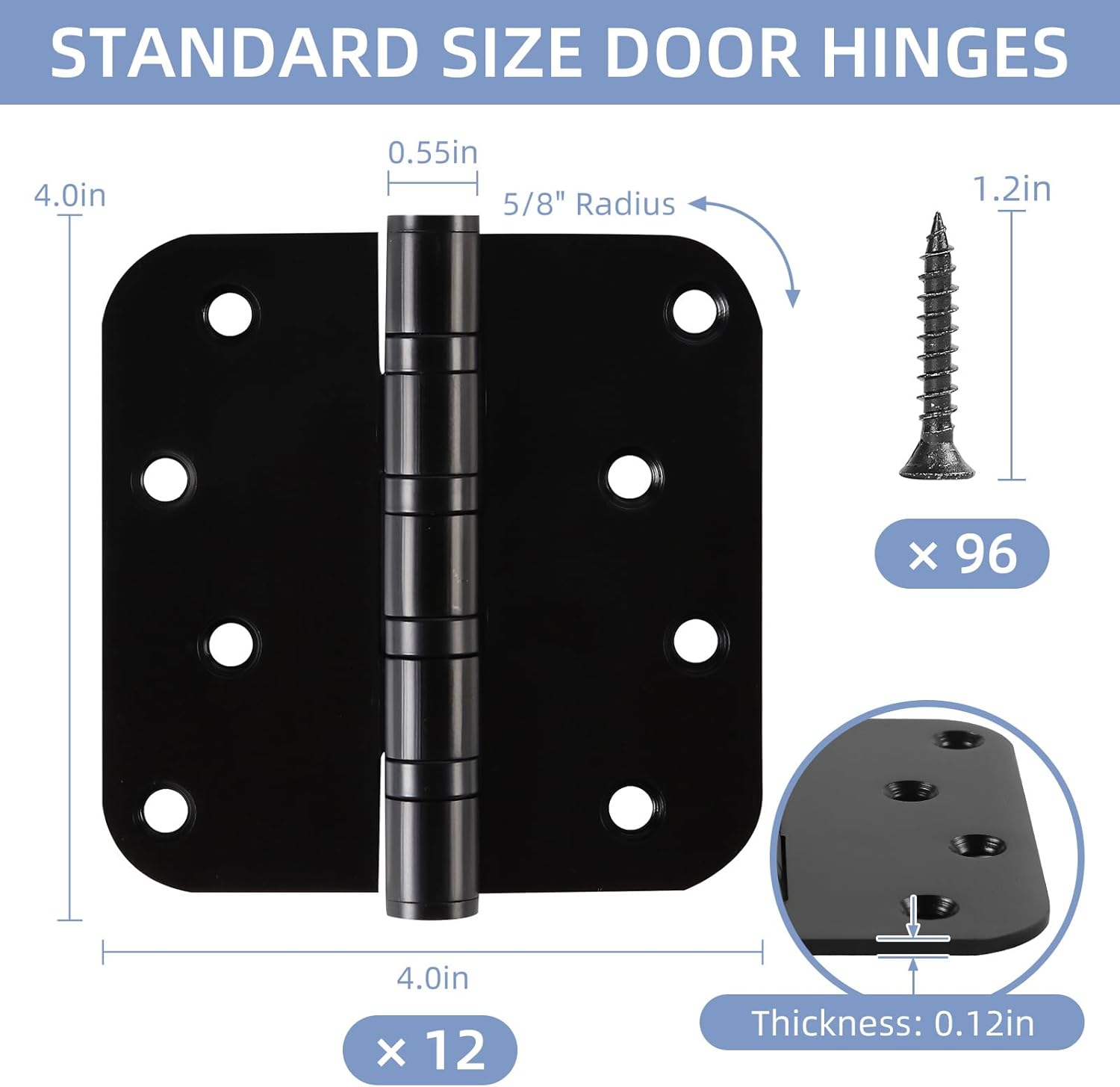 12 Pack Heavy Duty Stainless Steel Hinges, 4 x 4 Inch Matte Black Ball Bearing Door Hinges with Non-Removable Pin for Residential & Heavy-Duty Door Hardware, 5/8" Radius Corners