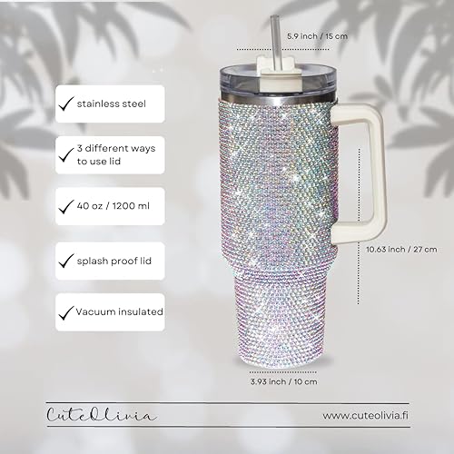Miniatura 7 de Vaso de 40 onzas con diamantes de imitación con asa, popote y tapa, botella de agua de doble capa de acero inoxidable aislada para mujeres, taza de