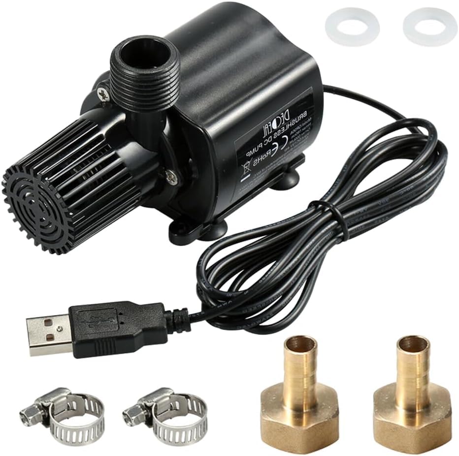 USB Aquariumpumpe 500L/H 4W Tauchpumpen Mini Wasserpumpe klein Fontäne Pumpe Filterpumpe Ultra Leise Springbrunnen Pumpe mit 1,8M Kabel 2 Messing Düse für Aquarium Bürstenlose Tauchwasserpumpe