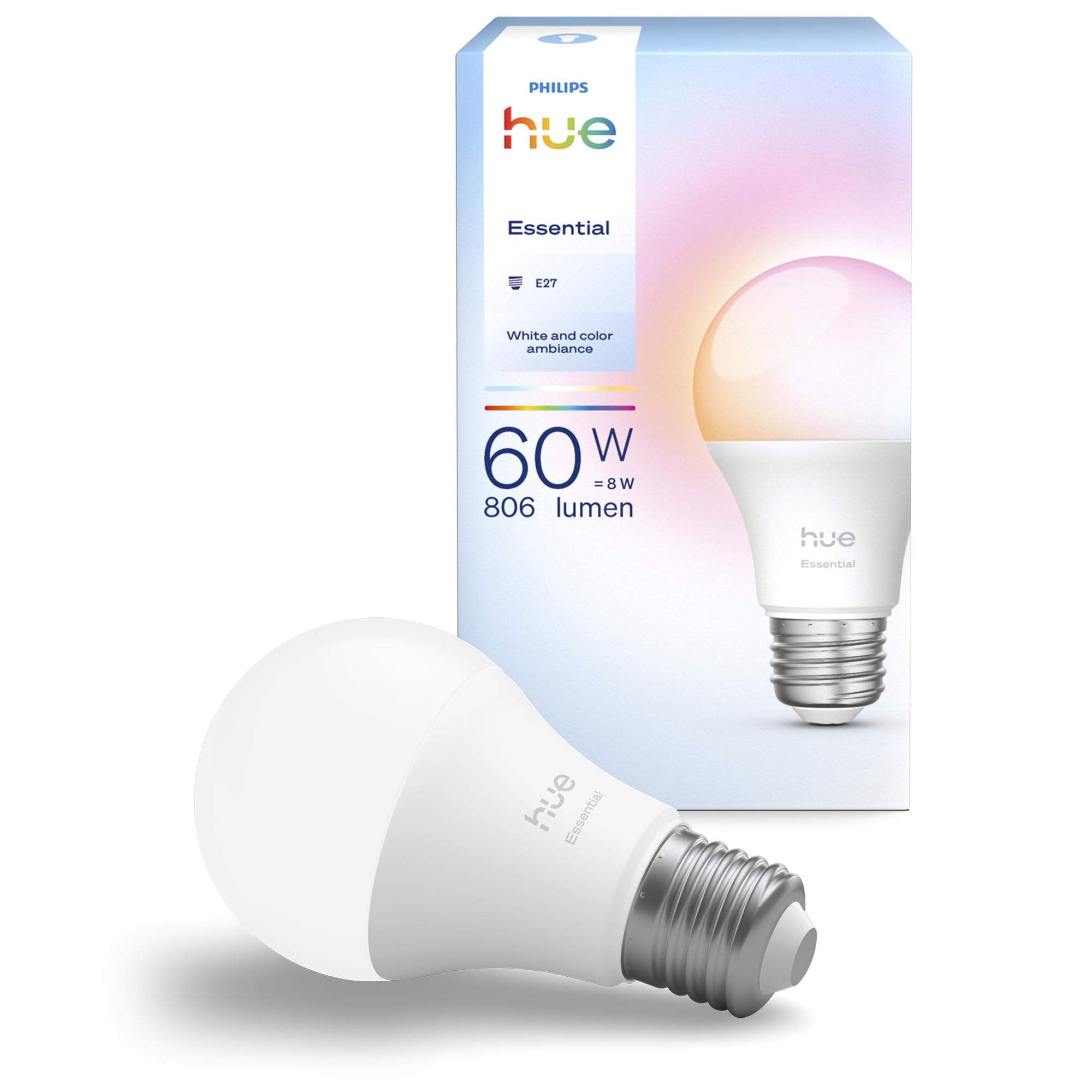 Philips Hue Philips Hue Essential Smart LED A60 Bulb, White and Color Ambiance, E27 Base, 8W, 2200K-6500K, 806 Lumens, Dimmable, Works with Alexa, Google Assistant, and Apple Home, 1 Pack
