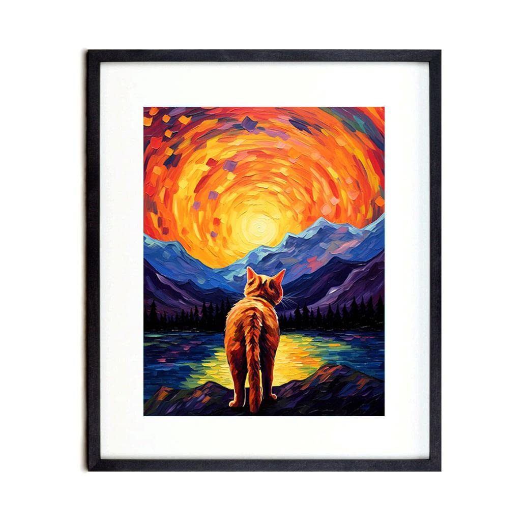 Bestbuddy Pet 8X10 Unframed Starry Night Van Gogh Inspired American Shorthair Cat Looking Beyond Mountains Meditation Peace Pet Family Oil Painting Art Print Poster Wall Decor AP106
