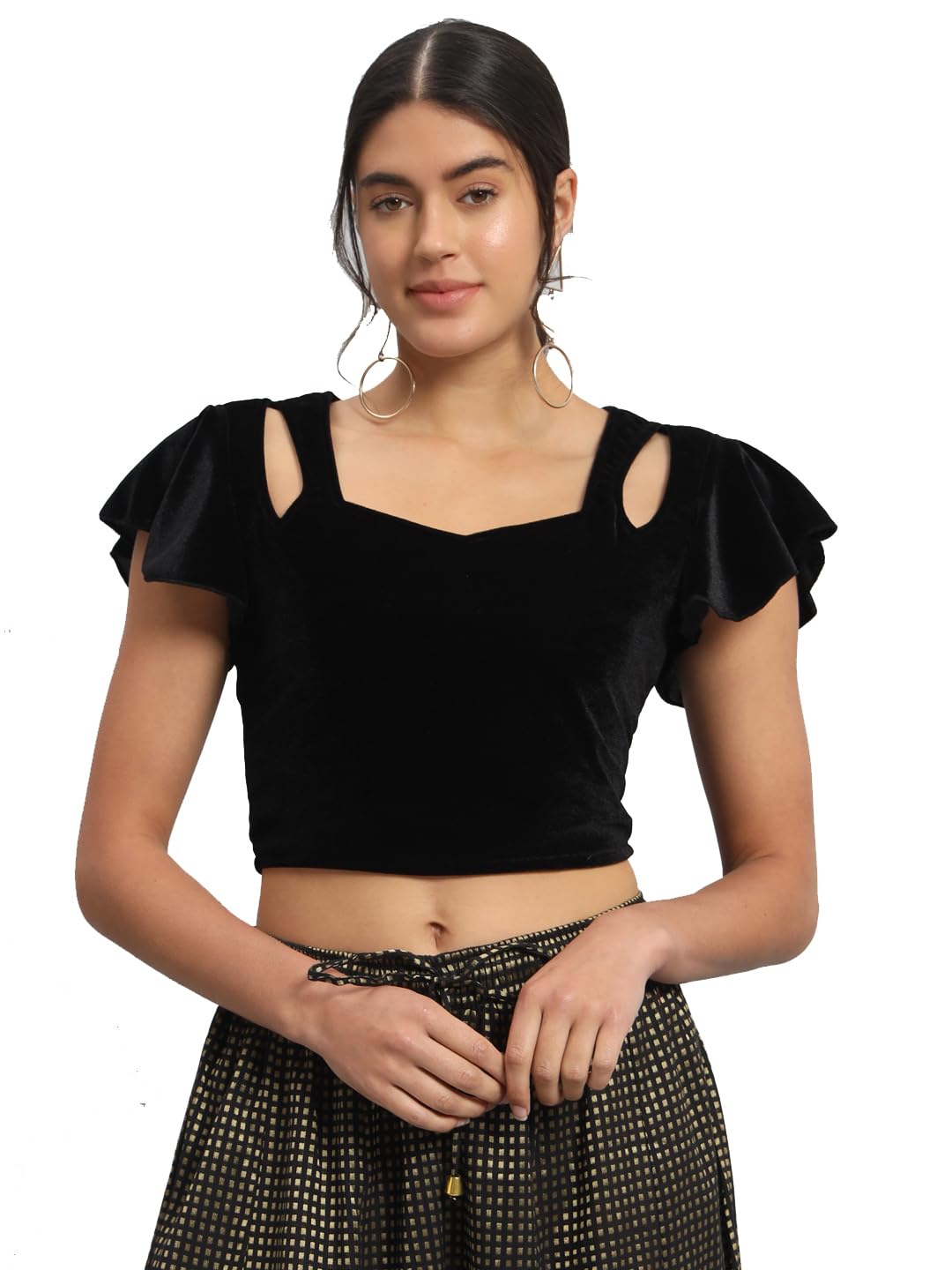 Readymade Party Blouse for Women | Shiny Velvet Flared Sleeves Stylish Outfit-image-39