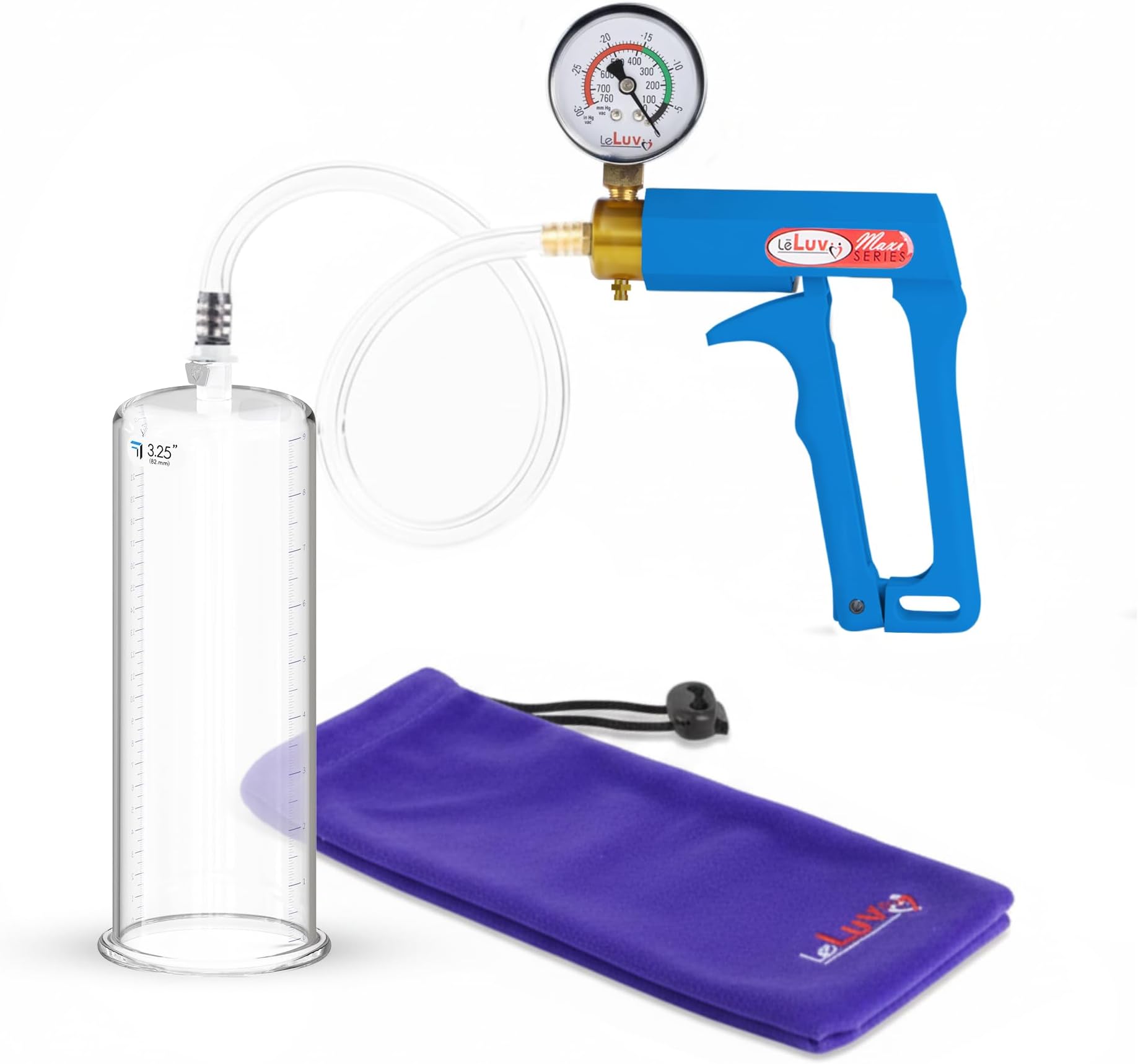 LeLuv Penis Pump with Gauge - Premium Maxi Handle Vacuum Pump, Clear Hose (9" Length), & Transparent Cylinder w/ 3.25" Diameter - Effective Locking Fitting w/Vacuum Range 0-30 Hg, 0-760 mmHg, Blue