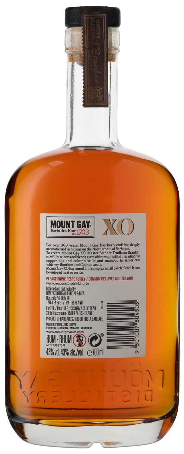 Mount Gay XO mit 43% vol. (1 x 0,7l) | Karibischer Extra Old Rum von der Insel Barbados | Vollmundiger Blend aus bis zu 17 Jahre lang gereiften Rumsorten