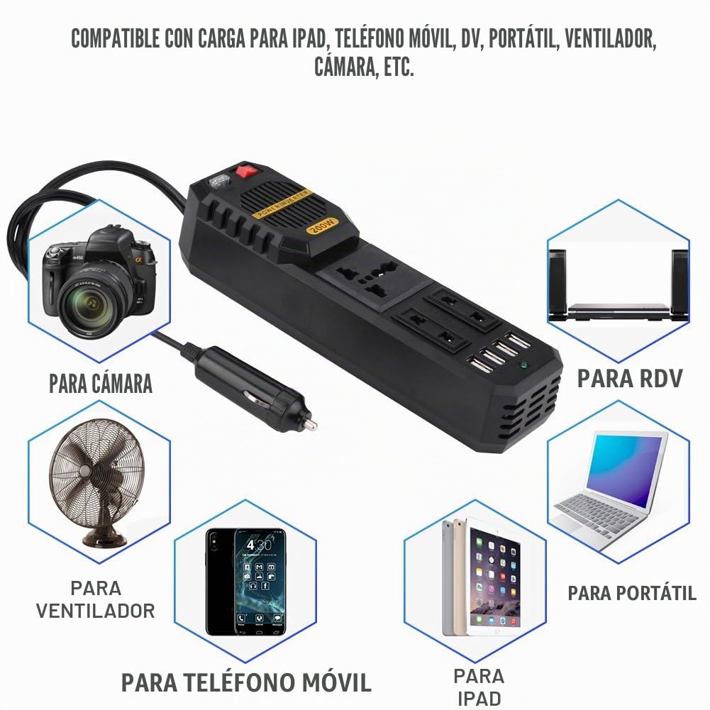 200W Power Inverter, DC 12V a AC 220V Inversor de corriente para automóvil con 4 puertos USB Encendedor de cigarrillos Inversores a bordo