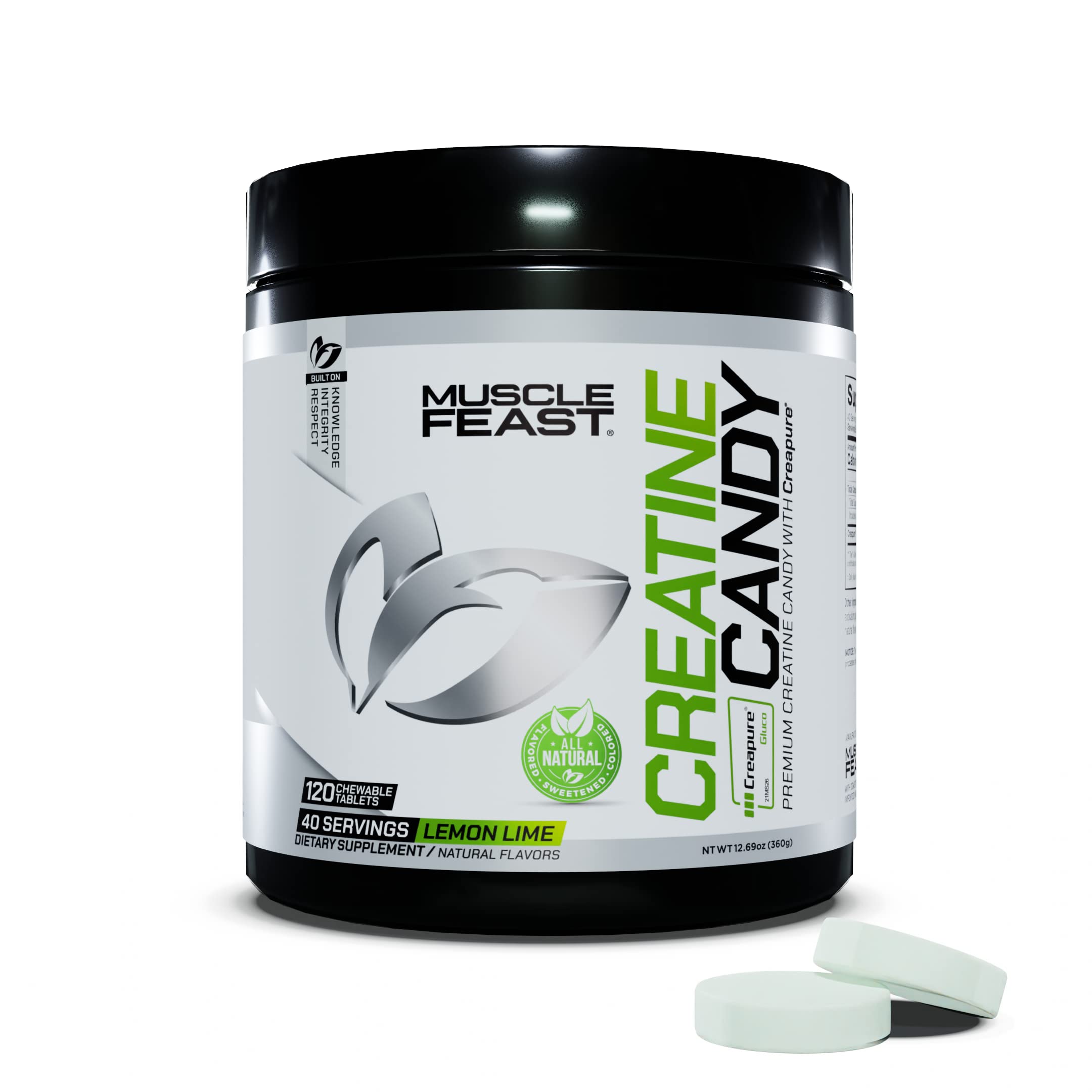 Muscle Feast Vegan Creatine Monohydrate, Gluten-Free Creapure Candy, Lemon Lime, 120 Tabs