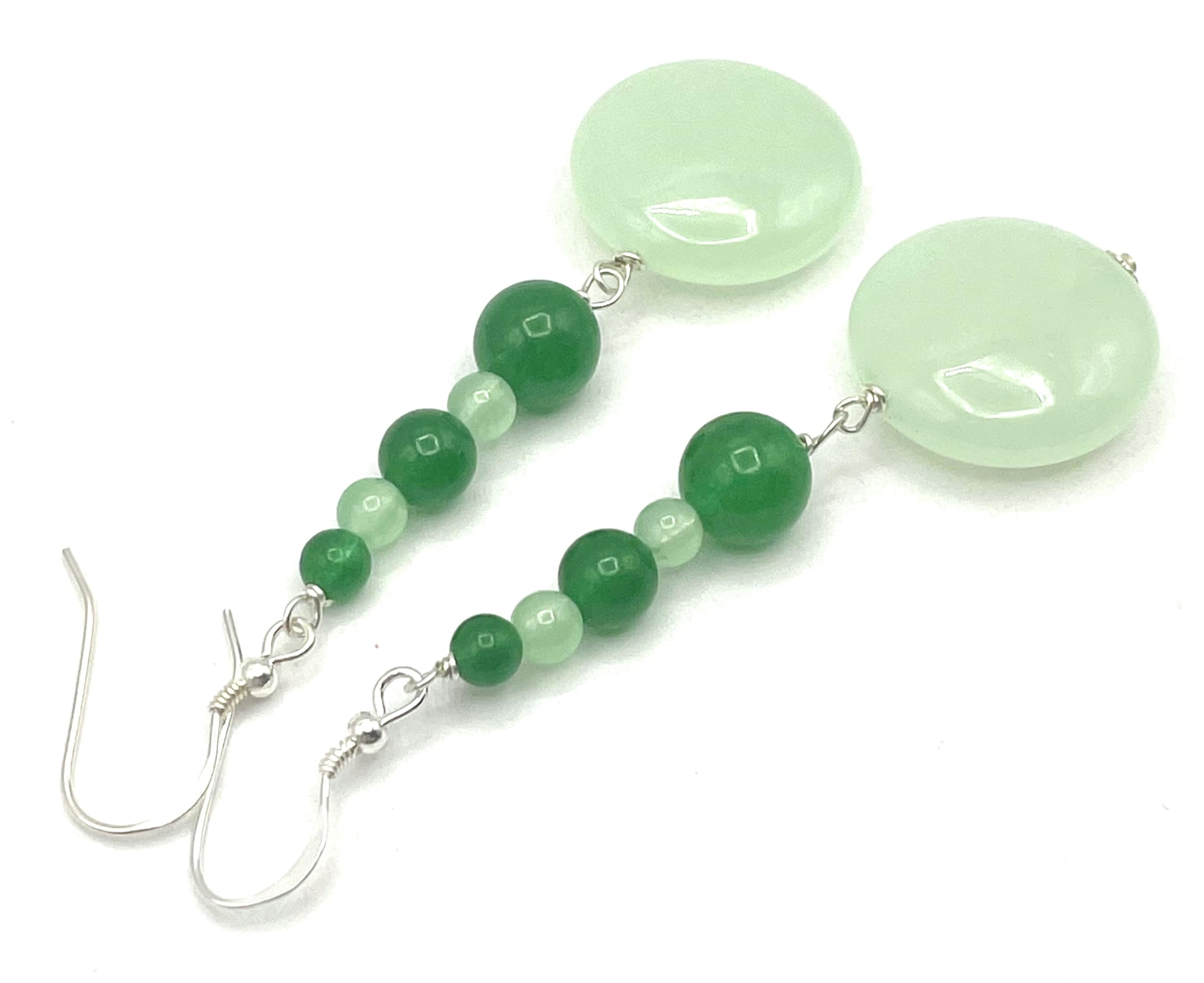 Orecchini Lunghi in Giada Verde Chiaro e Smeraldo, Argento 925 Italiano, Gioielli Pietre Dure, Bijoux Estate, Regalo per Lei