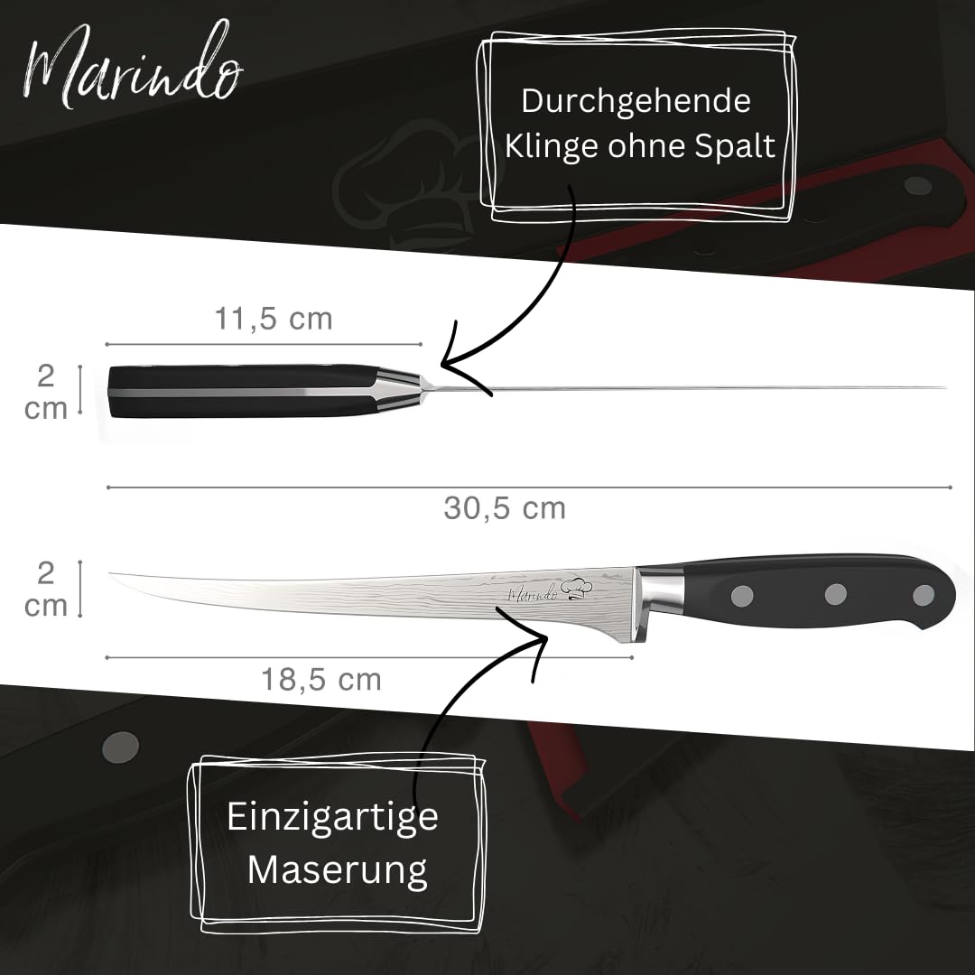 Marindo Set di coltelli professionali per sfilettare con fodero, lunghezza lama 18,5 cm, per pesce e carne, coltello da sfilettatura in acciaio inox con manico robusto, coltello da pesca antiruggine