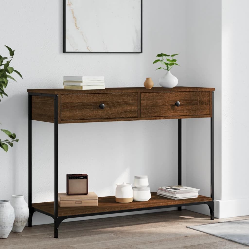 Slim Console Table for Hallway - Narrow Sofa Table with 2 Drawers & Under Shelf, Perfect for Small Spaces, Living Room, Brown Oak Finish (100x34.5x75 cm)