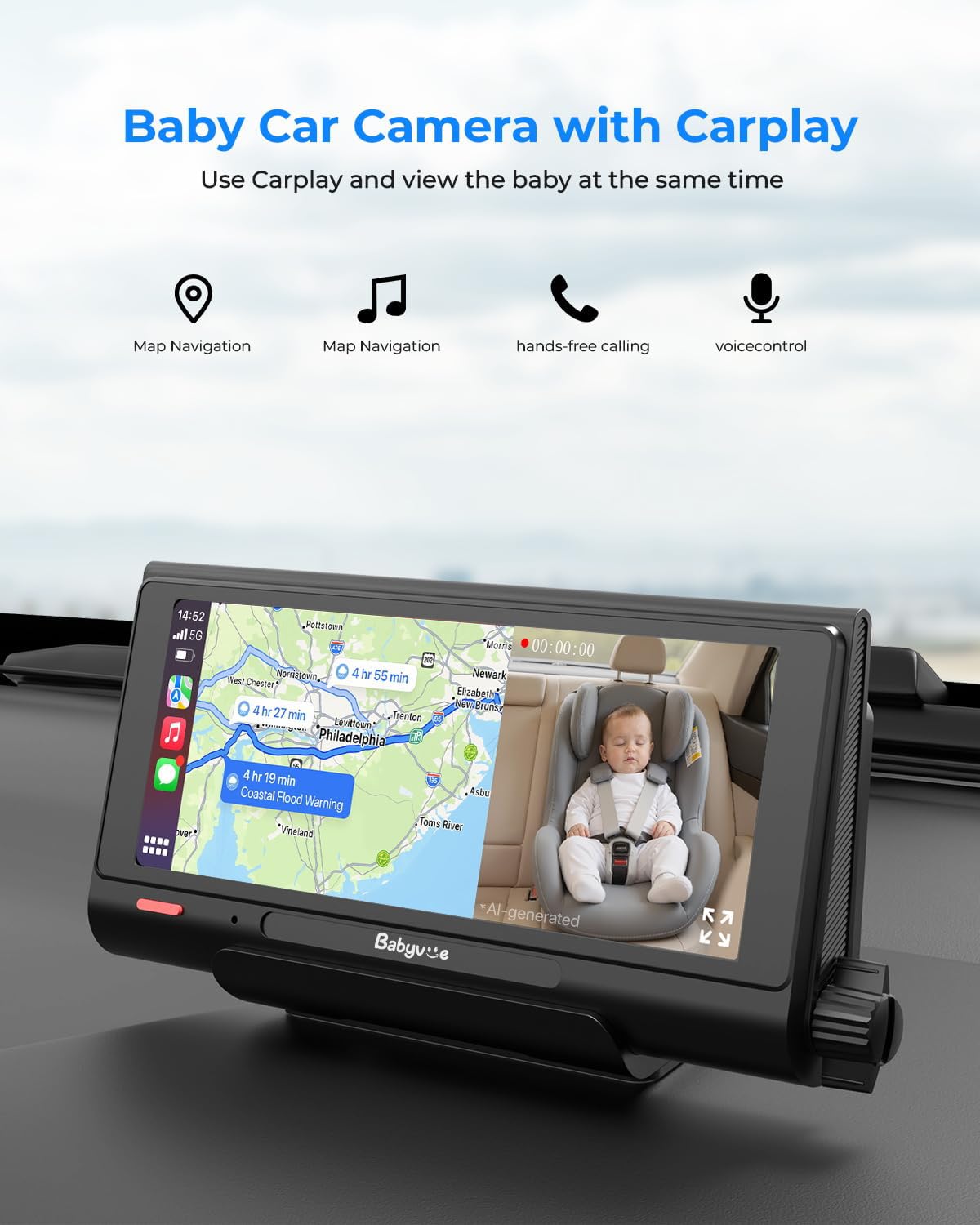Babyvue BV7 Kamera samochodowa dla dzieci, 18,2 cm, z dzielonym wyświetlaczem Carplay i nagrywaniem w nocy, IR 1080p, składany uchwyt, tryb uśpienia, łatwy montaż i