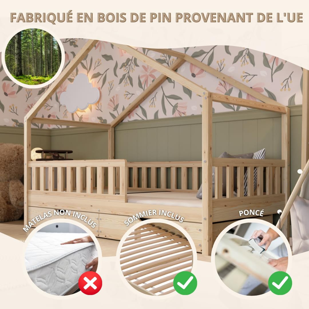 Lit Cabane avec Tiroirs 190x90 cm – Lit Enfant en Bois Naturel avec Barrière – Montessori au Sol avec Espace de Rangement Supplémentaire et Barrière Amovible - Crazy House