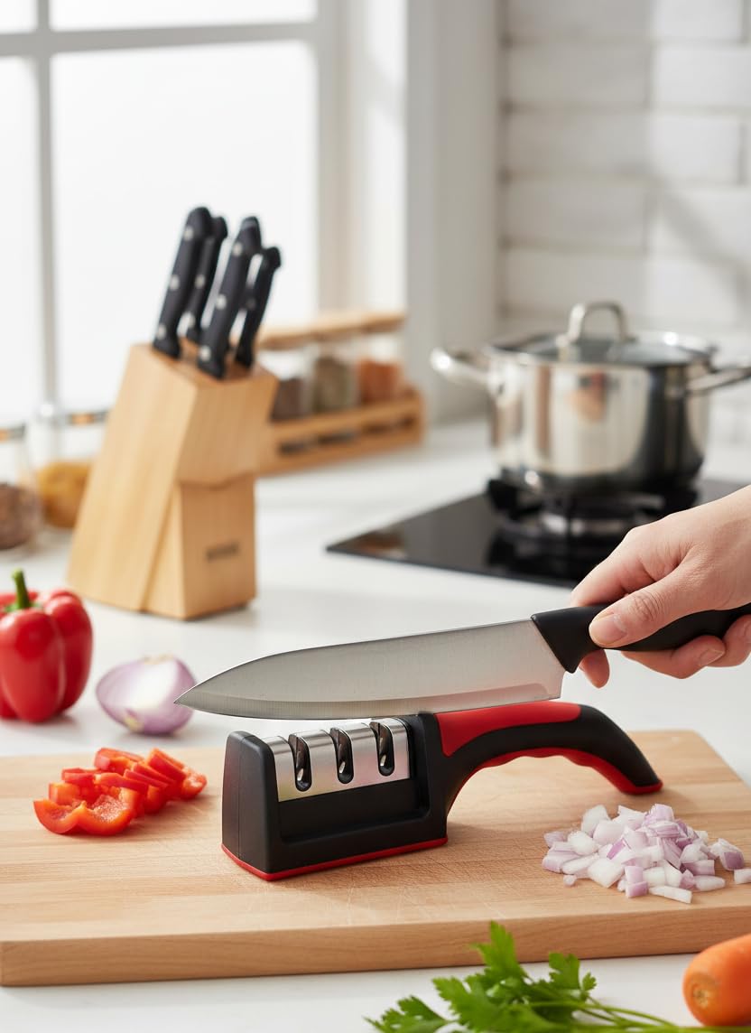 Mutfak Bıçakları için Bıçak Bileyiciler - Paslanmaz Çelik 4'ü 1 Arada Mutfak Bıçağı Bileyici - 4 Aşamalı Bileme Yuvalarına Sahip Ergonomik ve Kullanımı Kolay Bıçak Bileme Kiti