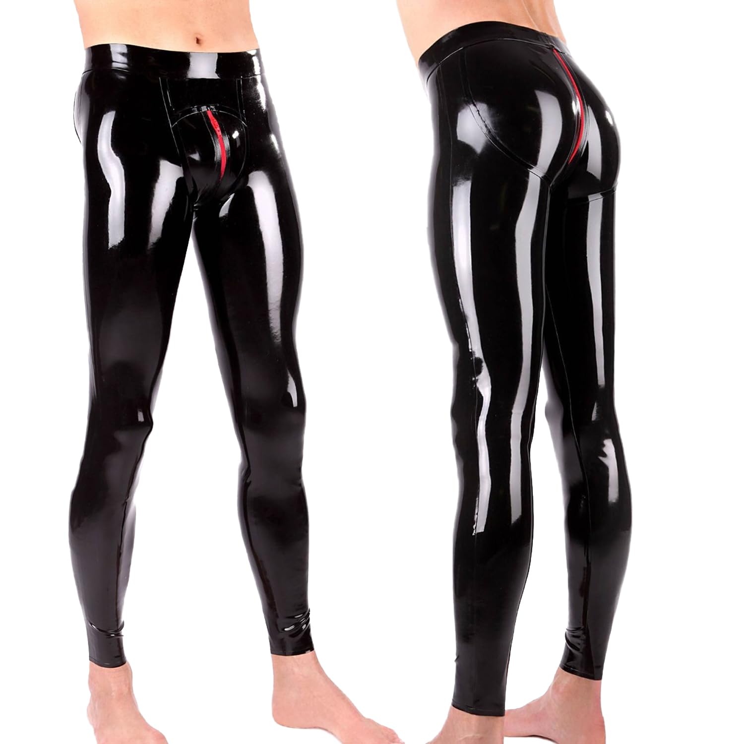 IOKUKI Leggings en Latex pour Hommes,Pantalons en Latex Noirs avec Fermeture éclair Rouge à l'entrejambe