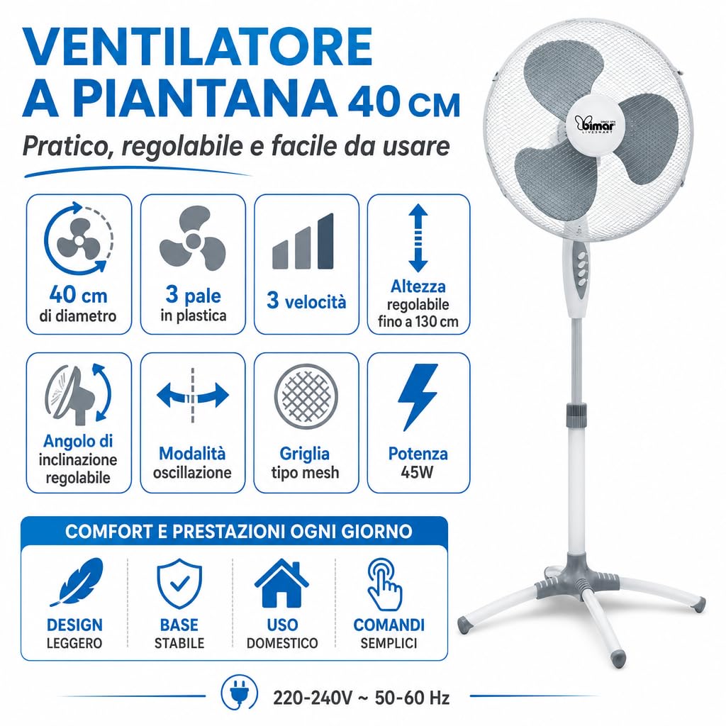 Bimar INB‑VP503 Standventilator 40 cm 45 W 3 Geschwindigkeiten Oszillation Höhe verstellbar bis 130 cm Weiß/Grau