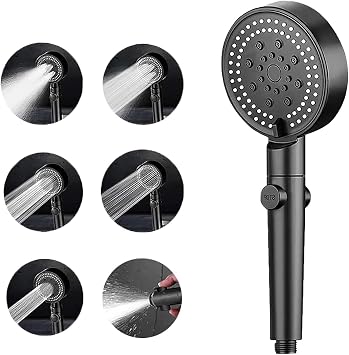 High Pressure Shower Head 6 Spray Modes Handheld Water Saving Stop Button