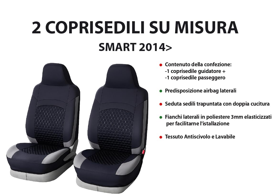 Set Coprisedili Auto Anteriori 2 Pezzi per SMART FORTWO/FORFOUR dal 2014 - Fianchi elasticizzati, Tessuto Antiscivolo Trapuntato in Poliestere, Lavabile, Alta Qualità - OFFICINE MILANO
