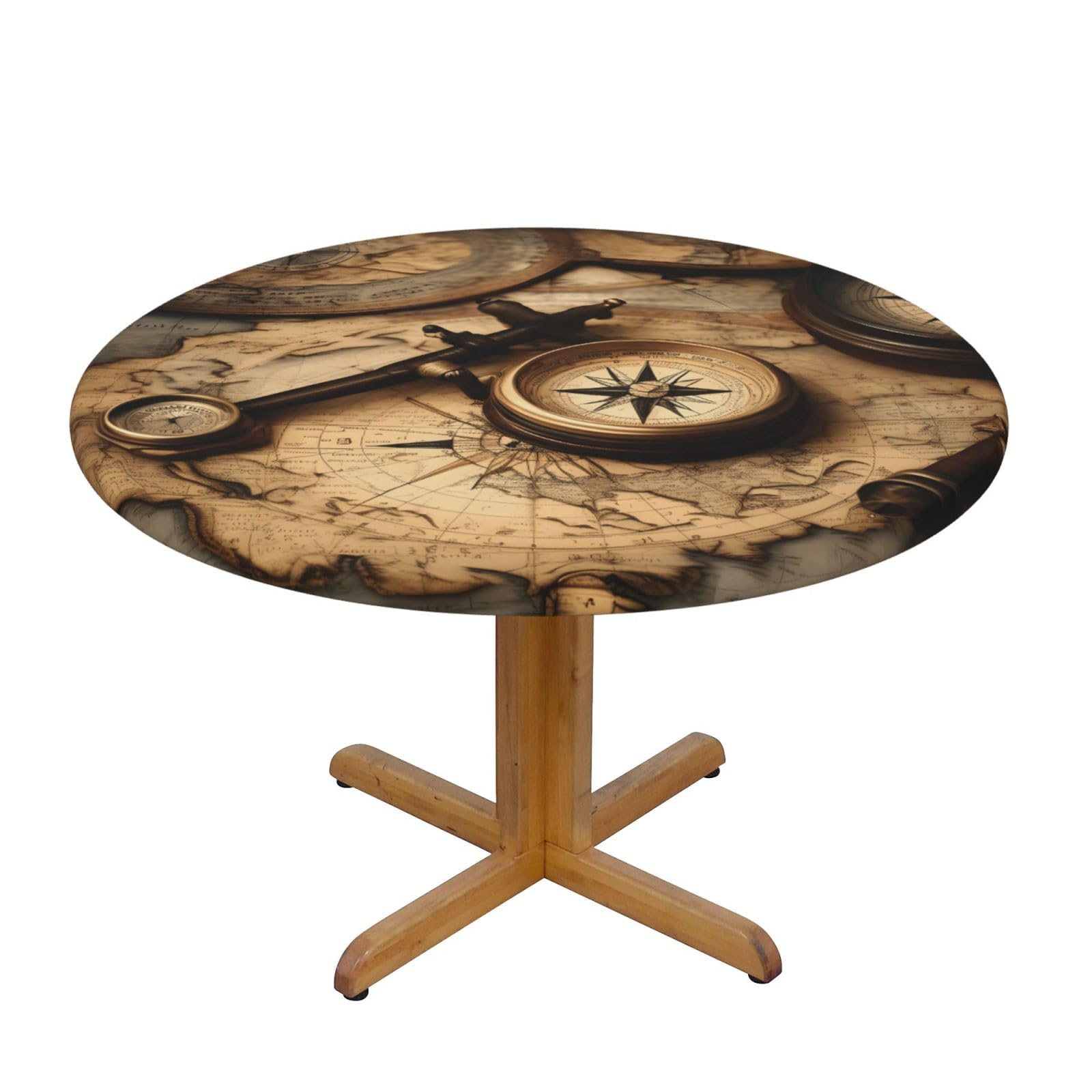 Compass And Old World Map Print Round Tablecloth Waterproof Table Cover Wipe Clean Washable Table Protector For Dining Room