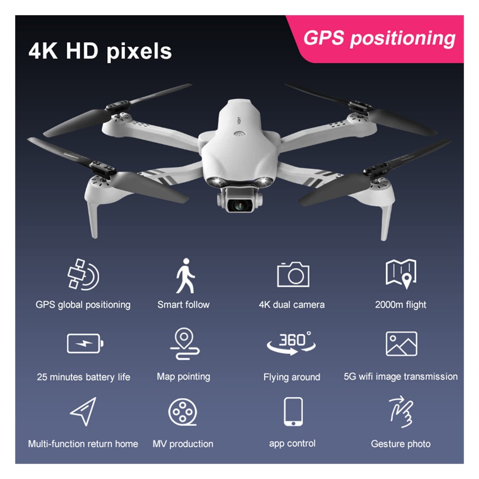 Podwójna kamera 4K HD z GPS 5G WIFI Szeroki kąt FPV Transmisja w czasie rzeczywistym Odległość Rc 2 km Profesjonalny dron (Kolor: F10-4K-1B-bag)