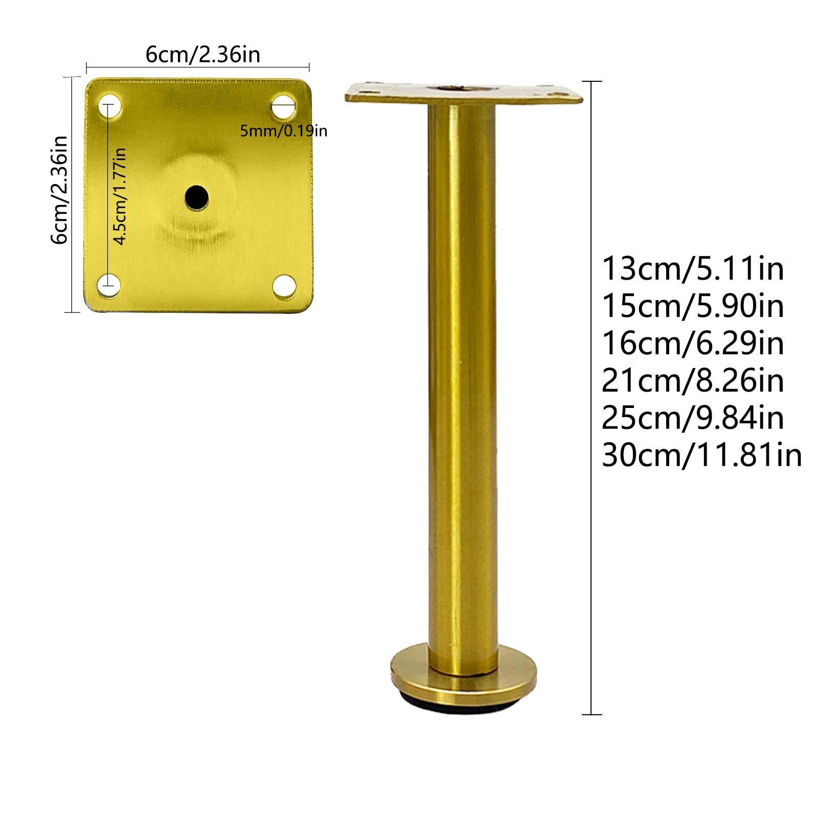 SRHIMEOS 4 Stück Möbelfüße Gold, Rostfreier Stahl, Bettfüße Ersatzfüße Tischbeine, Schrankfüße, No-Slip Silent Base Platzierung Rostfreier Stahl, Stützfüße Mit Anschraubplatte (Height 16cm/6.29in)