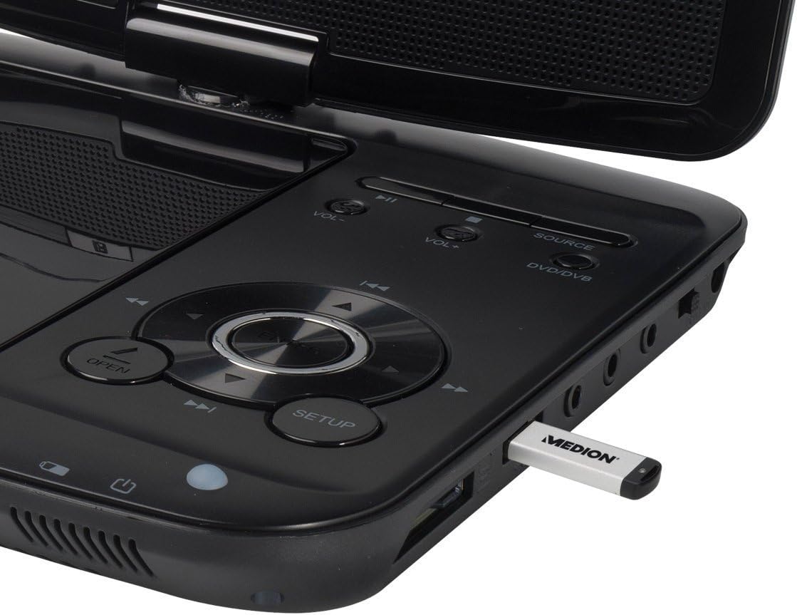 Close-up of the Medion portable DVD player's control panel with a USB stick inserted into the side port.