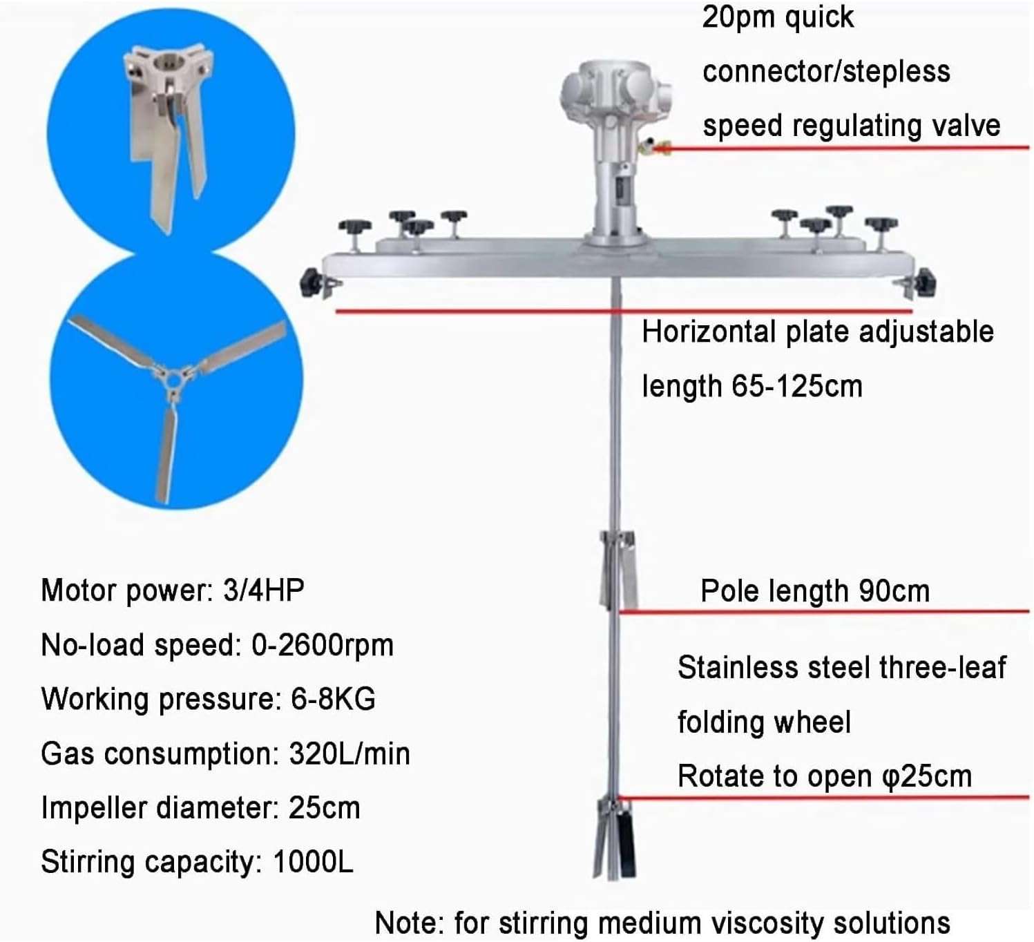 Pneumatic Paint Mixer, 3/4 Hp Pneumatic Paint Mixer, Speed 0~2600 Rpm, Impeller Diameter 25cm, Tank Stirring Machine Bracket