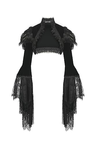 Dark in Love Halloween Gothic Velvet Lace Short Jacket Dark Feather-Adorned Bell-Sleeve Cardigan Vampire Witch Cosplay Top - X-Large