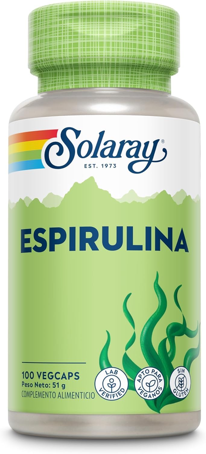 Algas espirulina – 100 cápsulas veganas, no tabletas ni polvo, suplemento de espirulina de alta resistencia con vitamina A añadida de 70 mcg, verificado en laboratorio Solaray