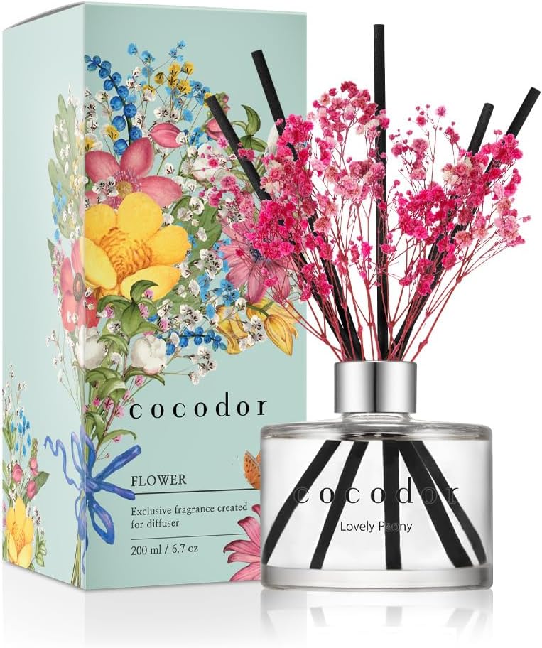 Cocodor Flower Reed Diffuser, 6.8 oz (200 ml), Lovely Peony, Room Fragrance