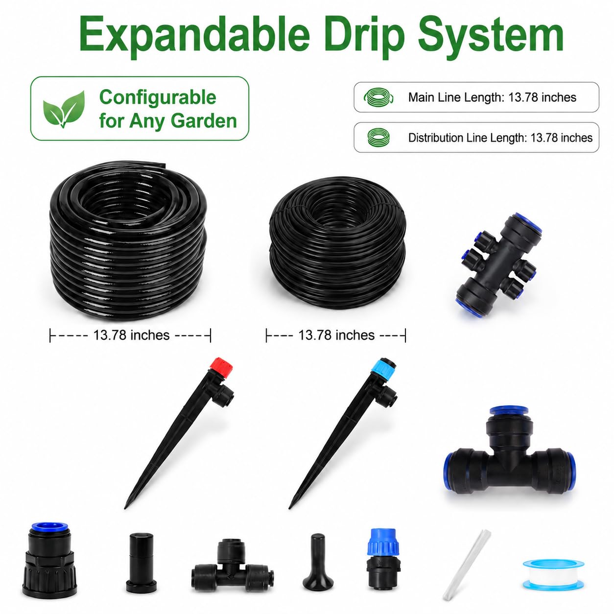 Kit Irrigazione a Goccia 15+60m, di Irrigazione Automatica per Giardino e Orto, Tubo Irrigazione a Goccia in PE