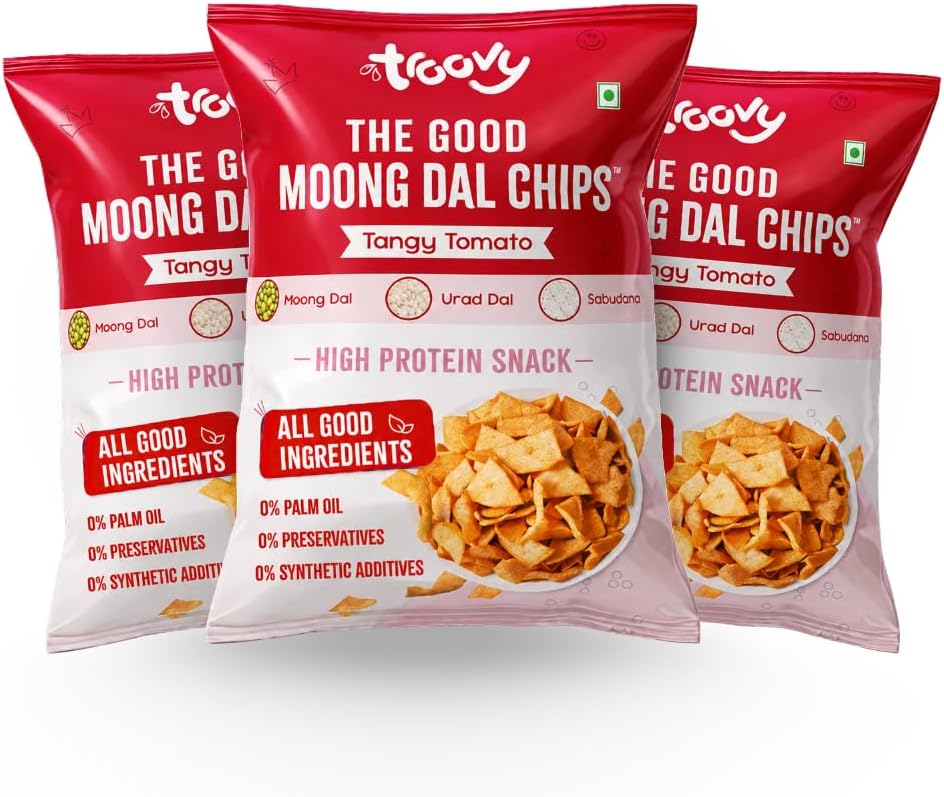 - Tangy Tomato Moong Dal Chips | Tasty & High Protein Snacks | 30% Of Protein Needs | No Palm Oil, Cholesterol or Trans Fats | 70g (Pack of 3)