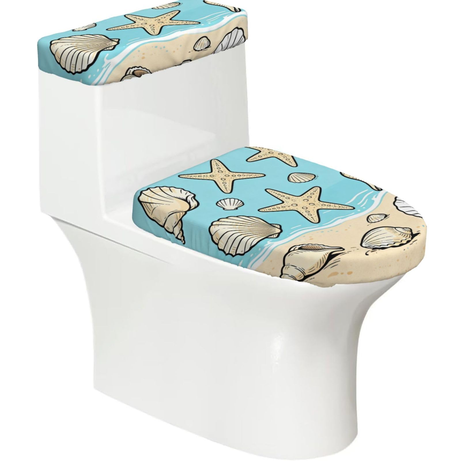 Shell Starfish Set Elastic Toilet Cover Set of 2-Stretchy Lid and Tank Covers for Bathroom, Soft Washable U Shape Toilet Decor