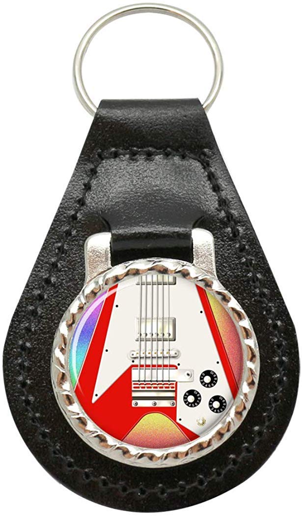 Giftshop Uk Unisex Black Leather And Silver Metal Flying V Guitar Leather Key Fob
