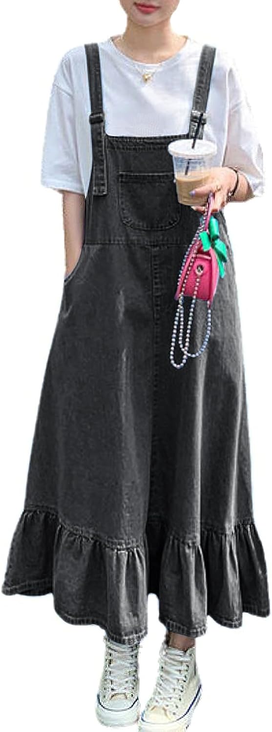 chouyatou Women's Y2K Cute Ruffle Denim Overall Jean Dress Distressed Flared Maxi long Bib Jumper Dress