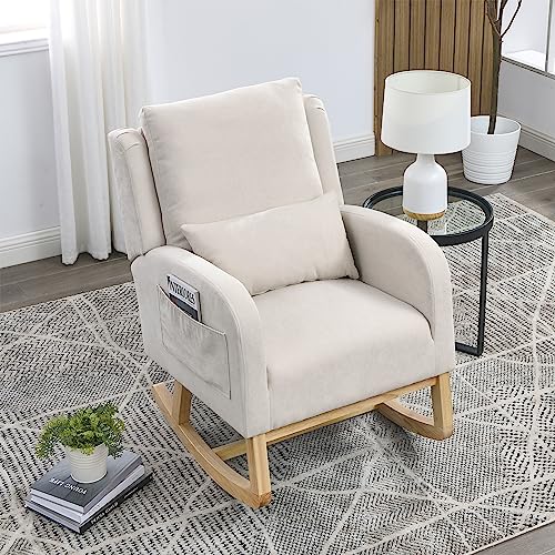 Image of Rocking Chair Nursery with Pillow, Nursery Rocking Chairs in Teddy Fabric with Wingback & Armrest, Built-in 2 Side Pockets, Comfy Nursery Glider Nursing Chair Armchair for Living Room, Bedroom, Beige