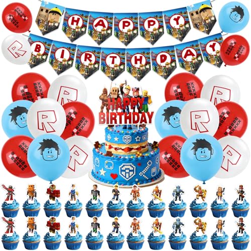 44Pcs Game Theme Birthday Party Decorations Theme Party Decorations Supplies with Happy Birthday Banner Latex Balloons Cake Topper Cupcake Toppers Party Decorations Supply for Boys and Girls